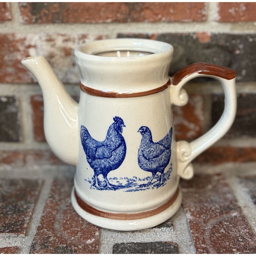 Vtg Hen & Rooster Stoneware Tea Pot Missing Lid